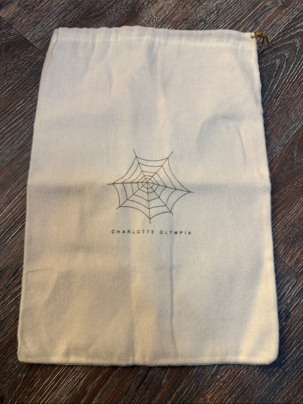 Charlotte Olympia Cream Drawstring Bag with Spiderweb Print